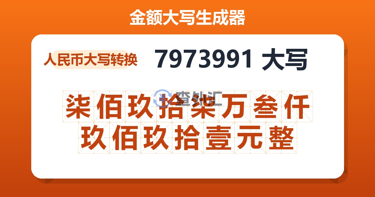 7973991大写 柒佰玖拾柒万叁仟玖佰玖拾壹元整