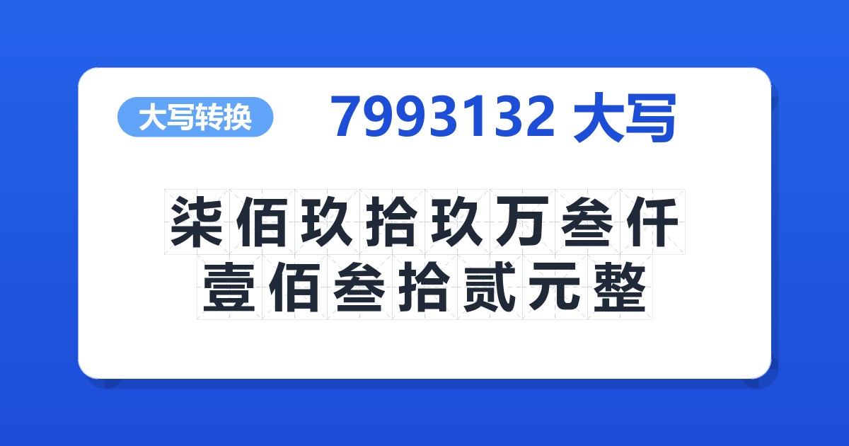 7993132大写 柒佰玖拾玖万叁仟壹佰叁拾贰元整