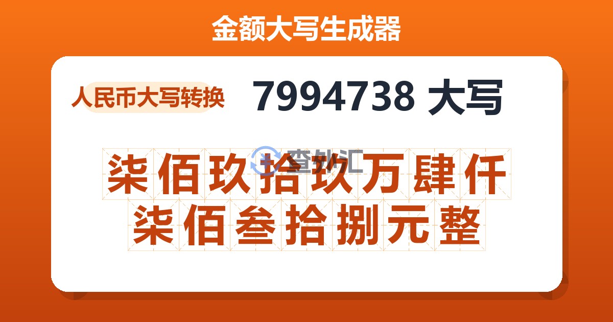 7994738大写 柒佰玖拾玖万肆仟柒佰叁拾捌元整