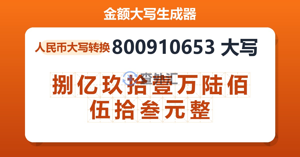 800910653大写 捌亿玖拾壹万陆佰伍拾叁元整