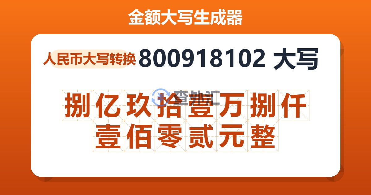 800918102大写 捌亿玖拾壹万捌仟壹佰零贰元整