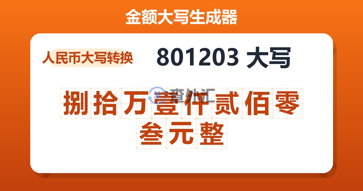 801203大写 捌拾万壹仟贰佰零叁元整