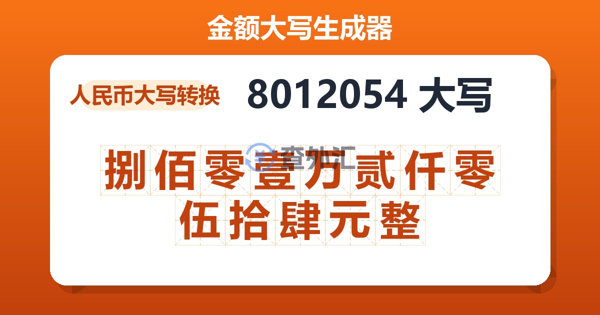 8012054大写 捌佰零壹万贰仟零伍拾肆元整