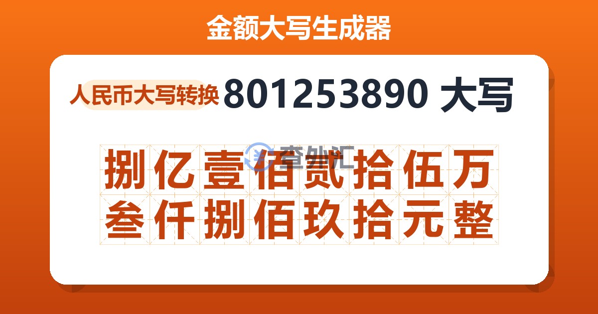 801253890大写 捌亿壹佰贰拾伍万叁仟捌佰玖拾元整