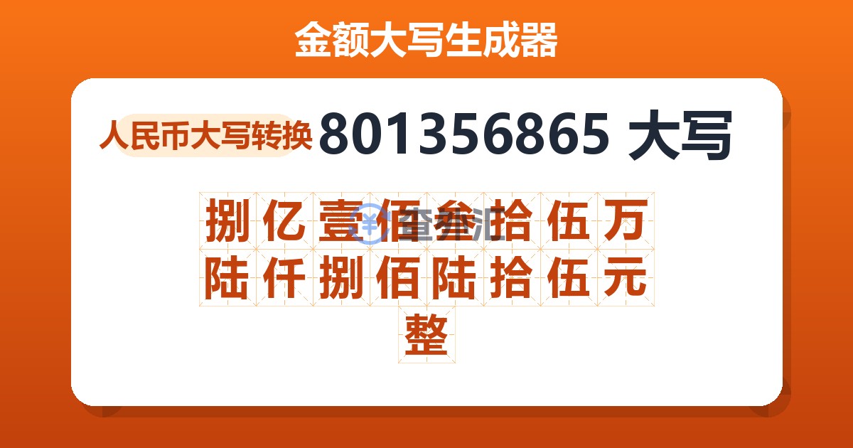 801356865大写 捌亿壹佰叁拾伍万陆仟捌佰陆拾伍元整