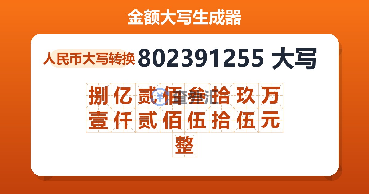 802391255大写 捌亿贰佰叁拾玖万壹仟贰佰伍拾伍元整
