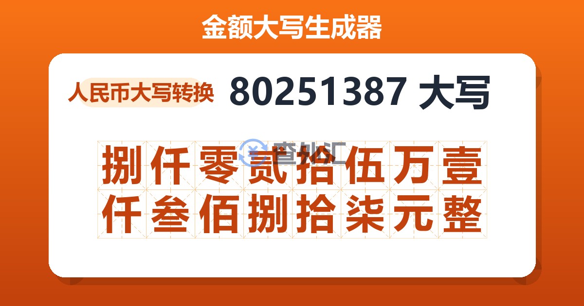80251387大写 捌仟零贰拾伍万壹仟叁佰捌拾柒元整