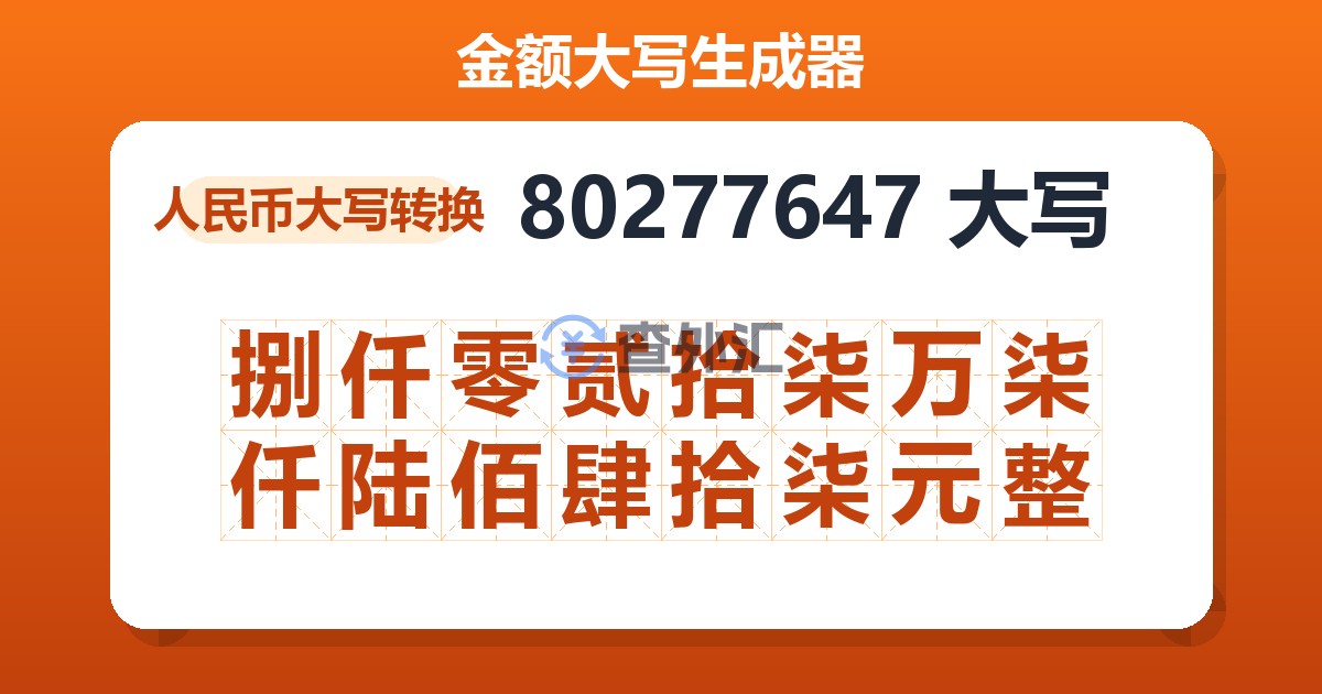 80277647大写 捌仟零贰拾柒万柒仟陆佰肆拾柒元整
