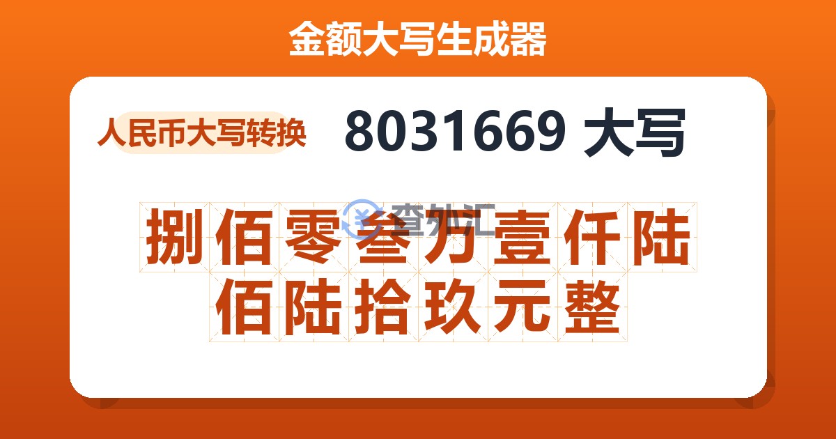 8031669大写 捌佰零叁万壹仟陆佰陆拾玖元整