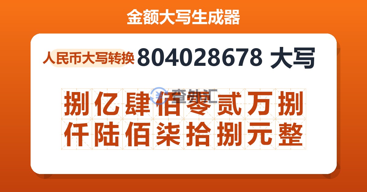 804028678大写 捌亿肆佰零贰万捌仟陆佰柒拾捌元整