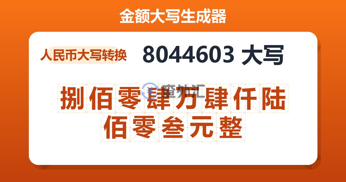 8044603大写 捌佰零肆万肆仟陆佰零叁元整