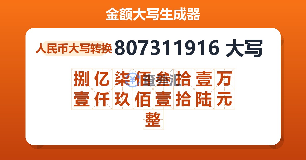 807311916大写 捌亿柒佰叁拾壹万壹仟玖佰壹拾陆元整