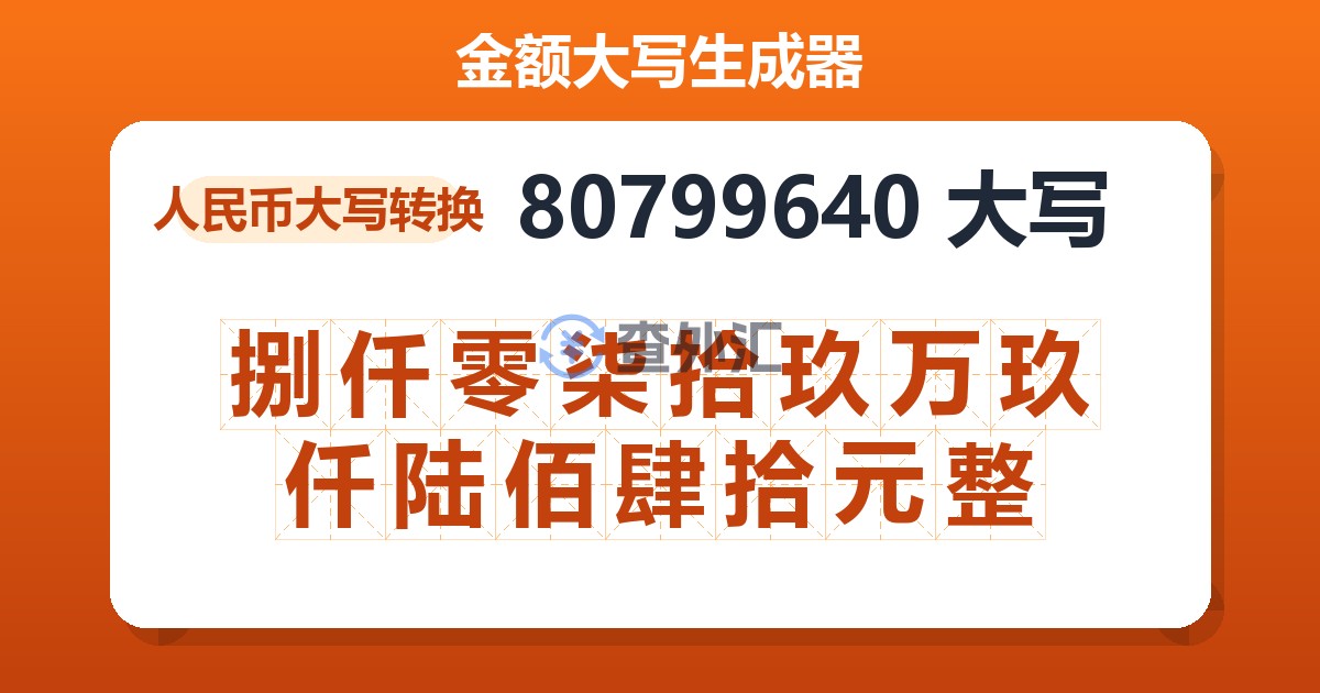 80799640大写 捌仟零柒拾玖万玖仟陆佰肆拾元整