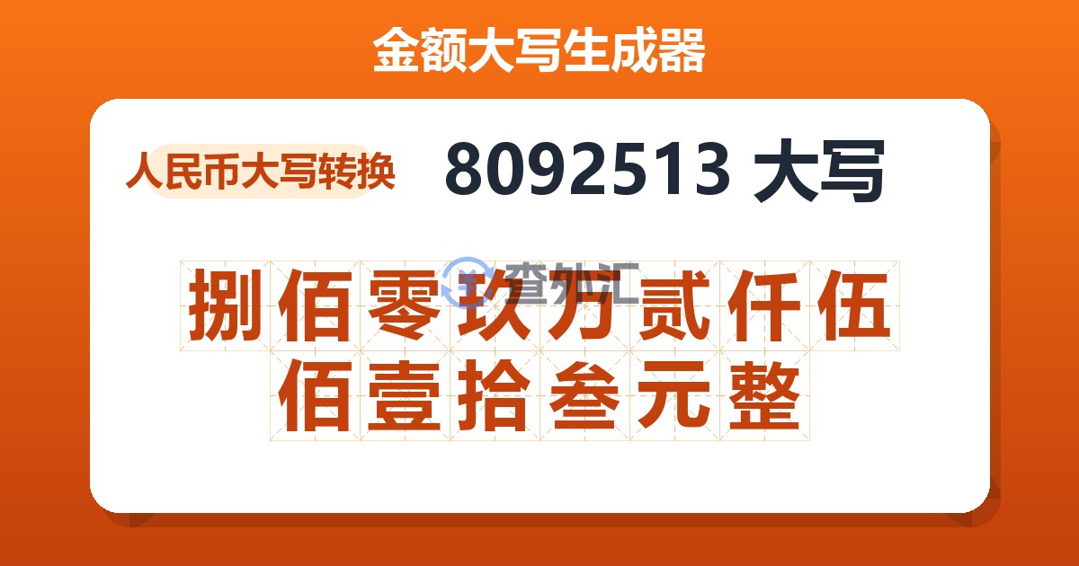 8092513大写 捌佰零玖万贰仟伍佰壹拾叁元整