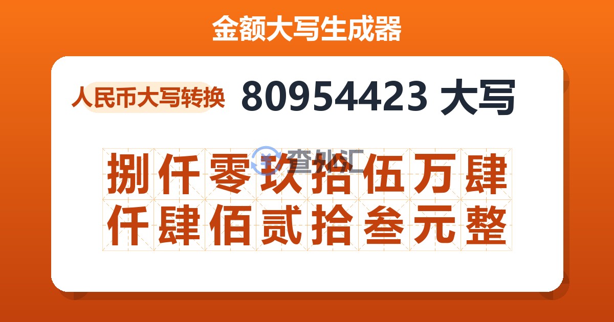 80954423大写 捌仟零玖拾伍万肆仟肆佰贰拾叁元整