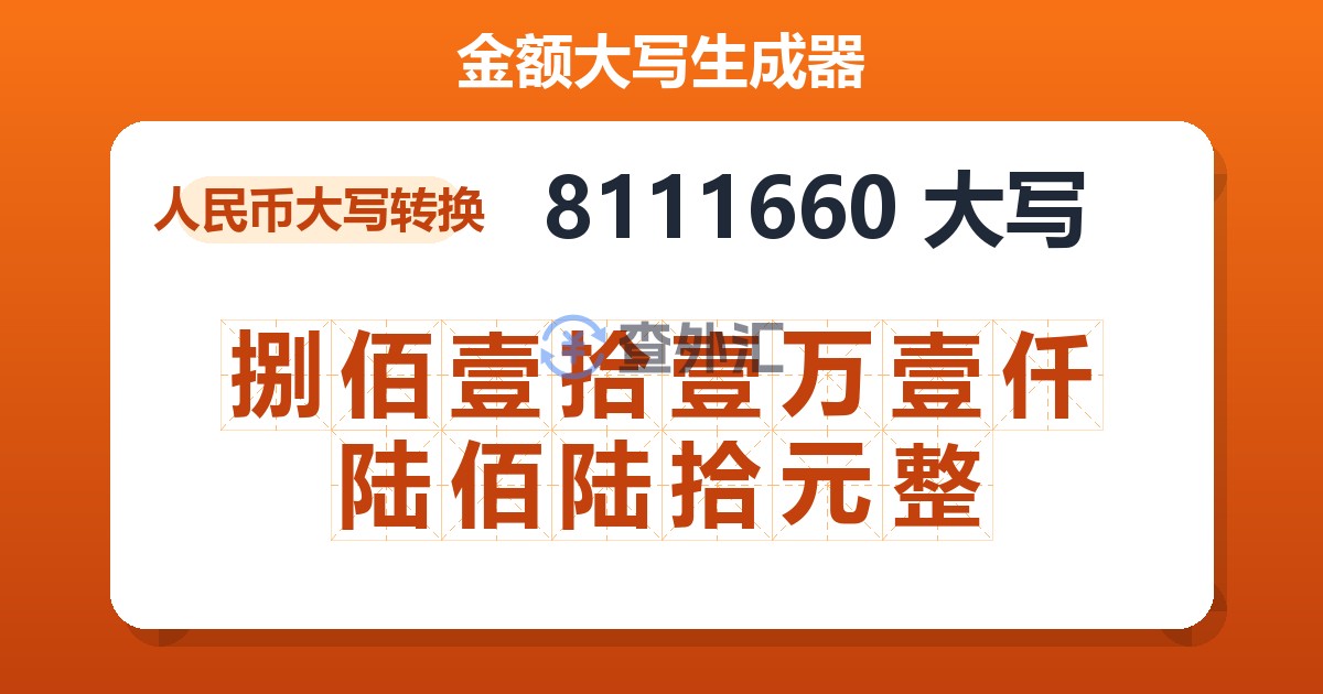 8111660大写 捌佰壹拾壹万壹仟陆佰陆拾元整
