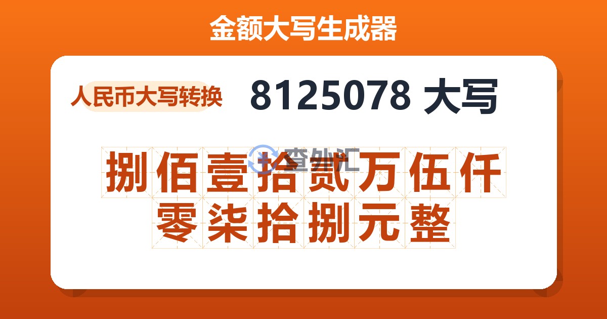 8125078大写 捌佰壹拾贰万伍仟零柒拾捌元整