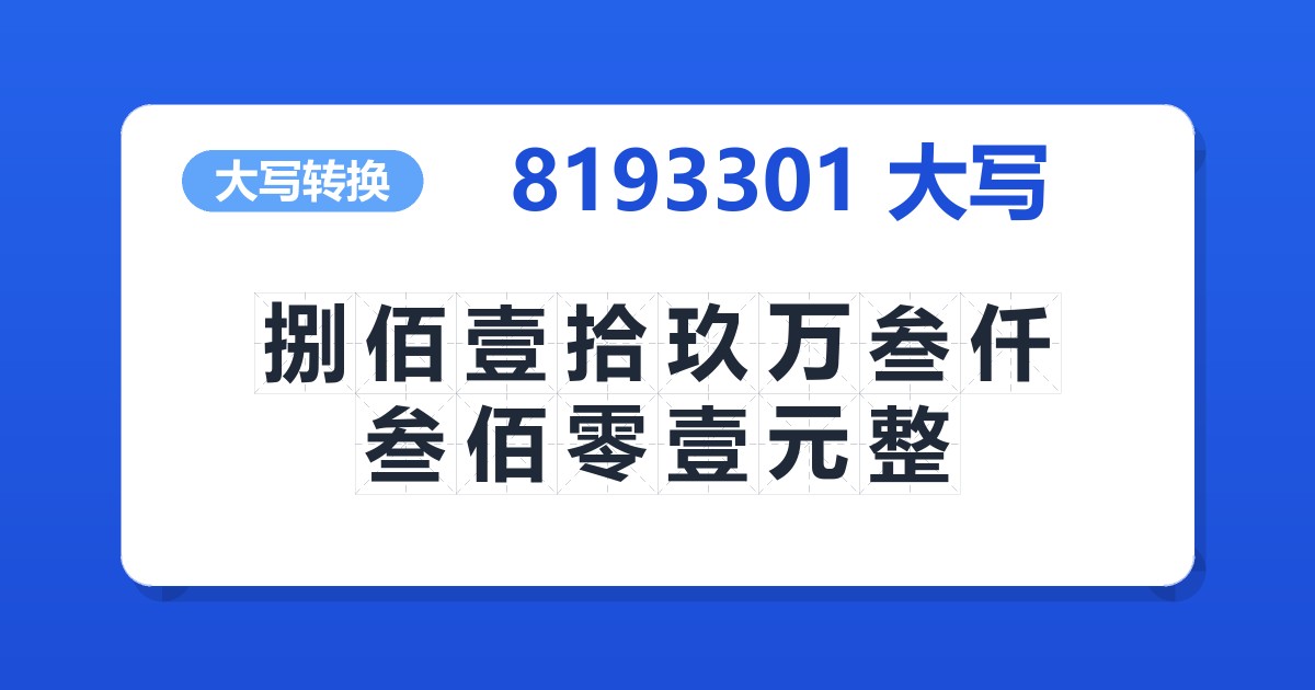 8193301大写 捌佰壹拾玖万叁仟叁佰零壹元整