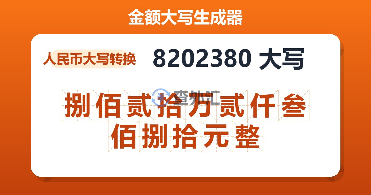 8202380大写 捌佰贰拾万贰仟叁佰捌拾元整