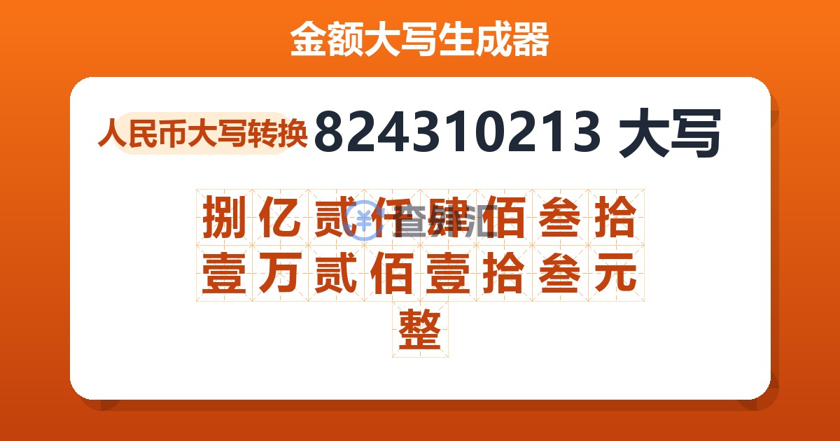 824310213大写 捌亿贰仟肆佰叁拾壹万贰佰壹拾叁元整