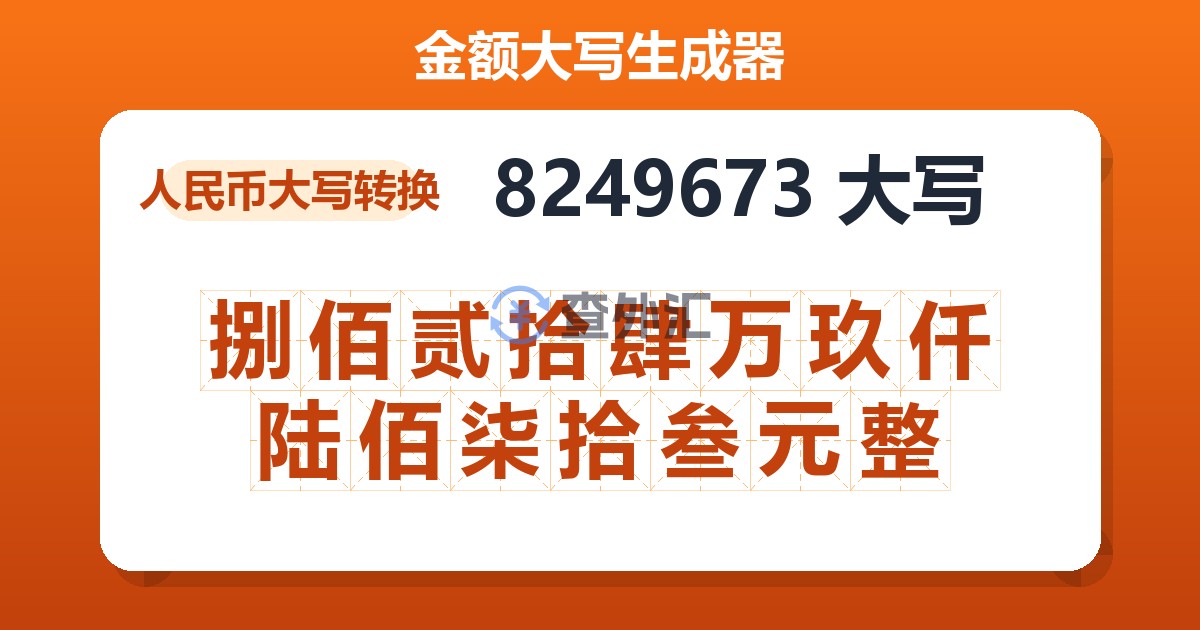 8249673大写 捌佰贰拾肆万玖仟陆佰柒拾叁元整