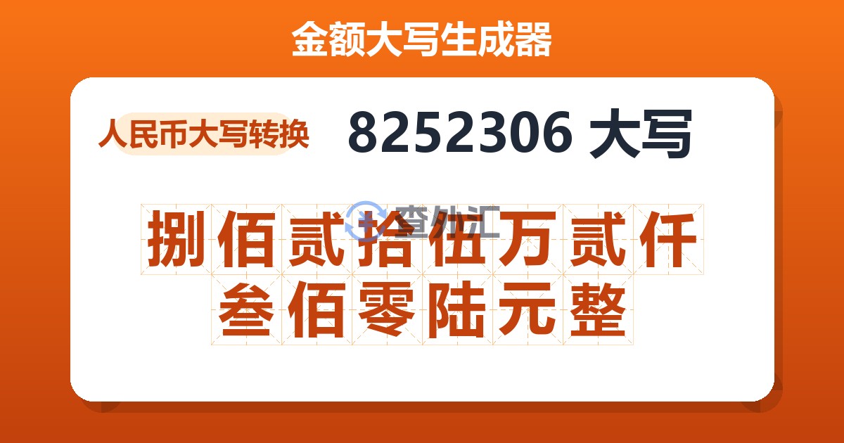 8252306大写 捌佰贰拾伍万贰仟叁佰零陆元整