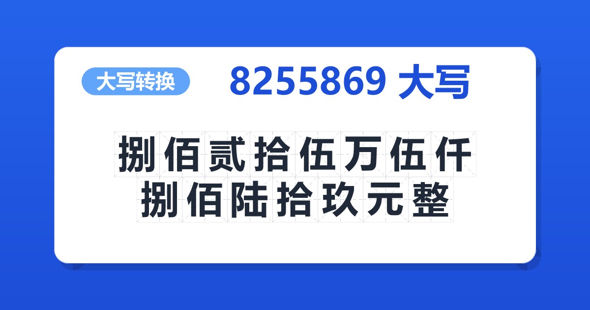 8255869大写 捌佰贰拾伍万伍仟捌佰陆拾玖元整