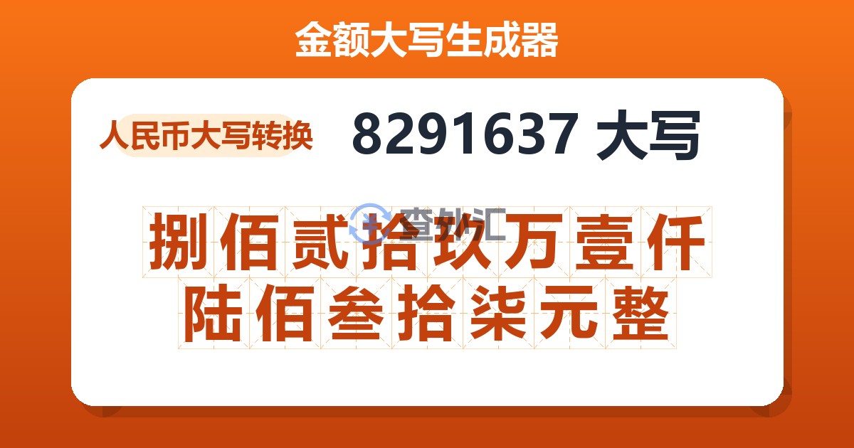 8291637大写 捌佰贰拾玖万壹仟陆佰叁拾柒元整