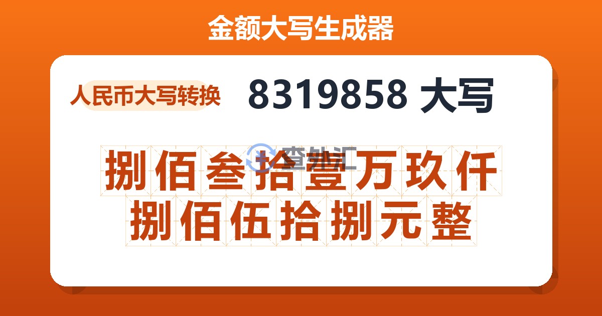 8319858大写 捌佰叁拾壹万玖仟捌佰伍拾捌元整