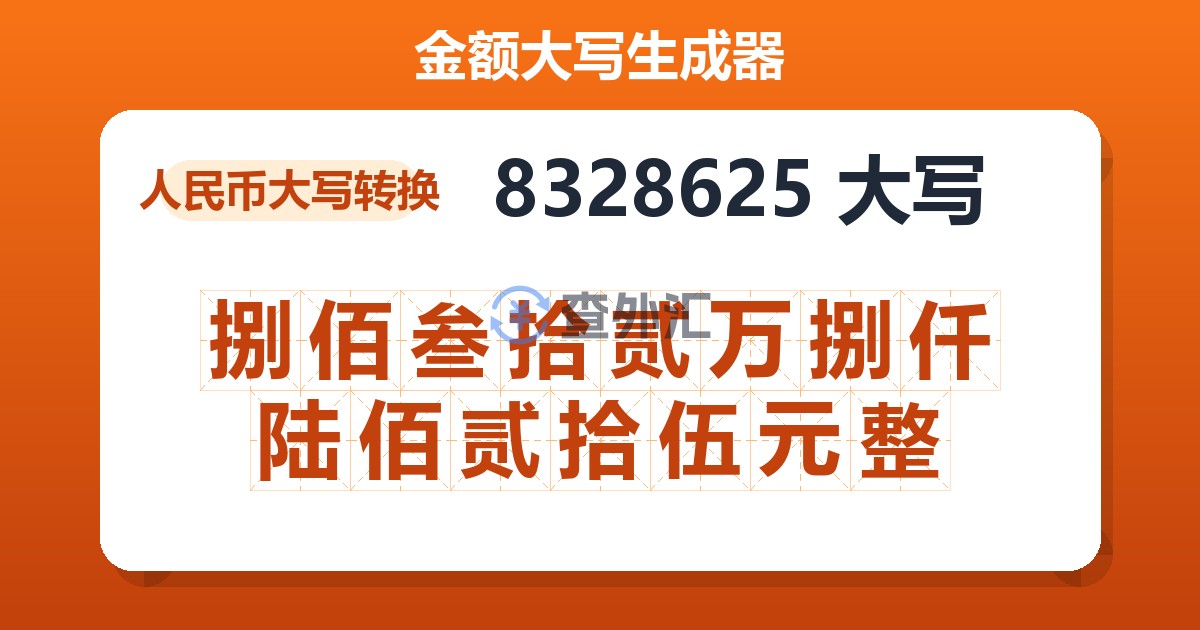 8328625大写 捌佰叁拾贰万捌仟陆佰贰拾伍元整
