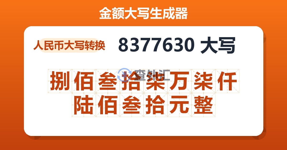 8377630大写 捌佰叁拾柒万柒仟陆佰叁拾元整