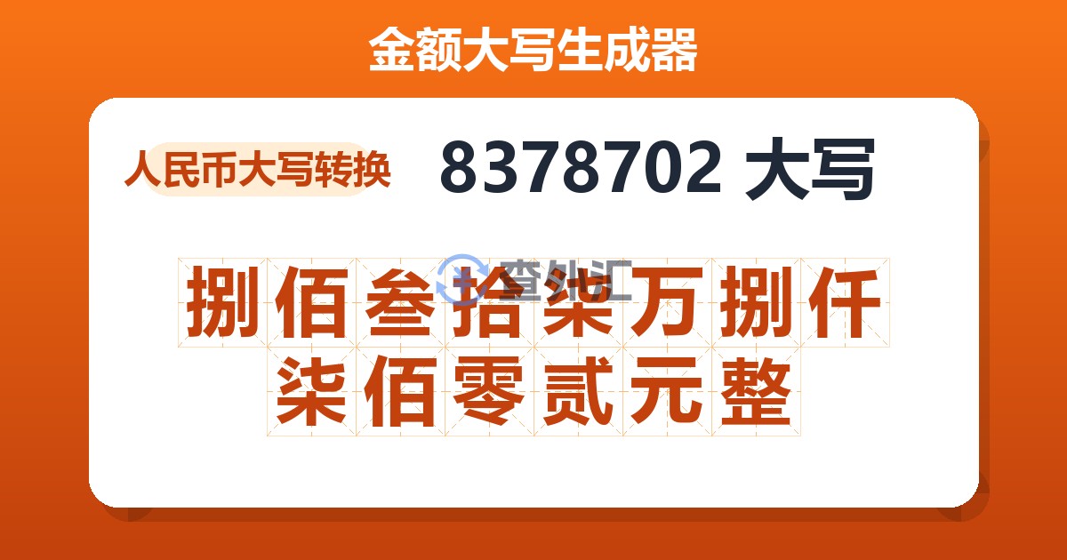 8378702大写 捌佰叁拾柒万捌仟柒佰零贰元整
