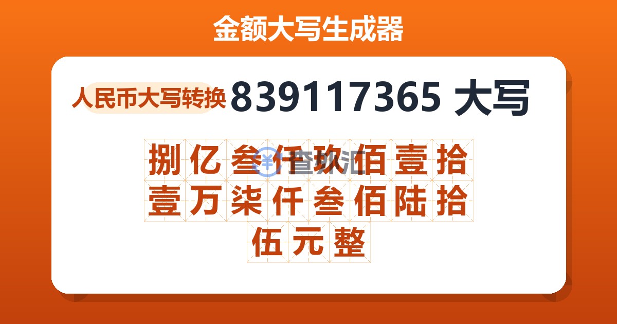 839117365大写 捌亿叁仟玖佰壹拾壹万柒仟叁佰陆拾伍元整