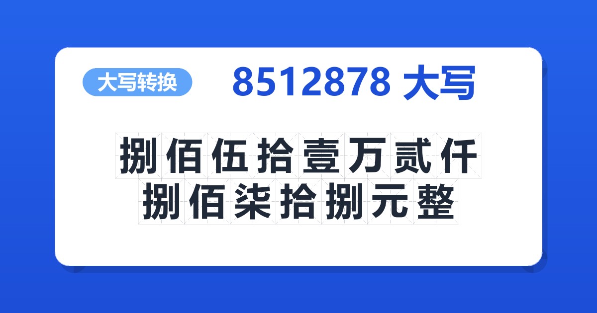 8512878大写 捌佰伍拾壹万贰仟捌佰柒拾捌元整