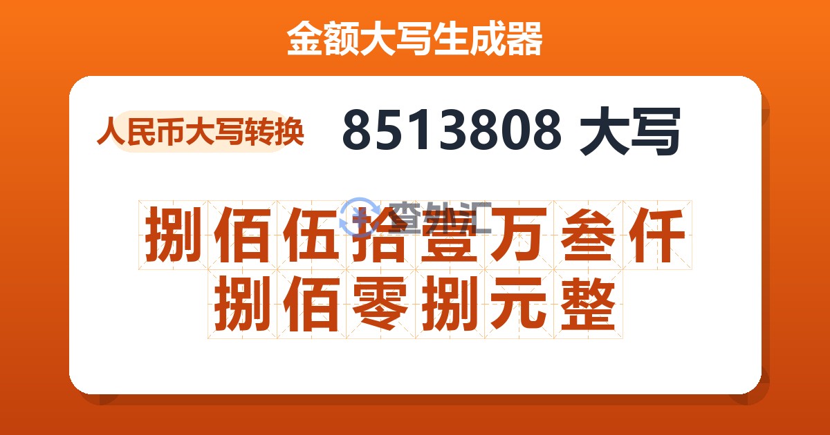 8513808大写 捌佰伍拾壹万叁仟捌佰零捌元整