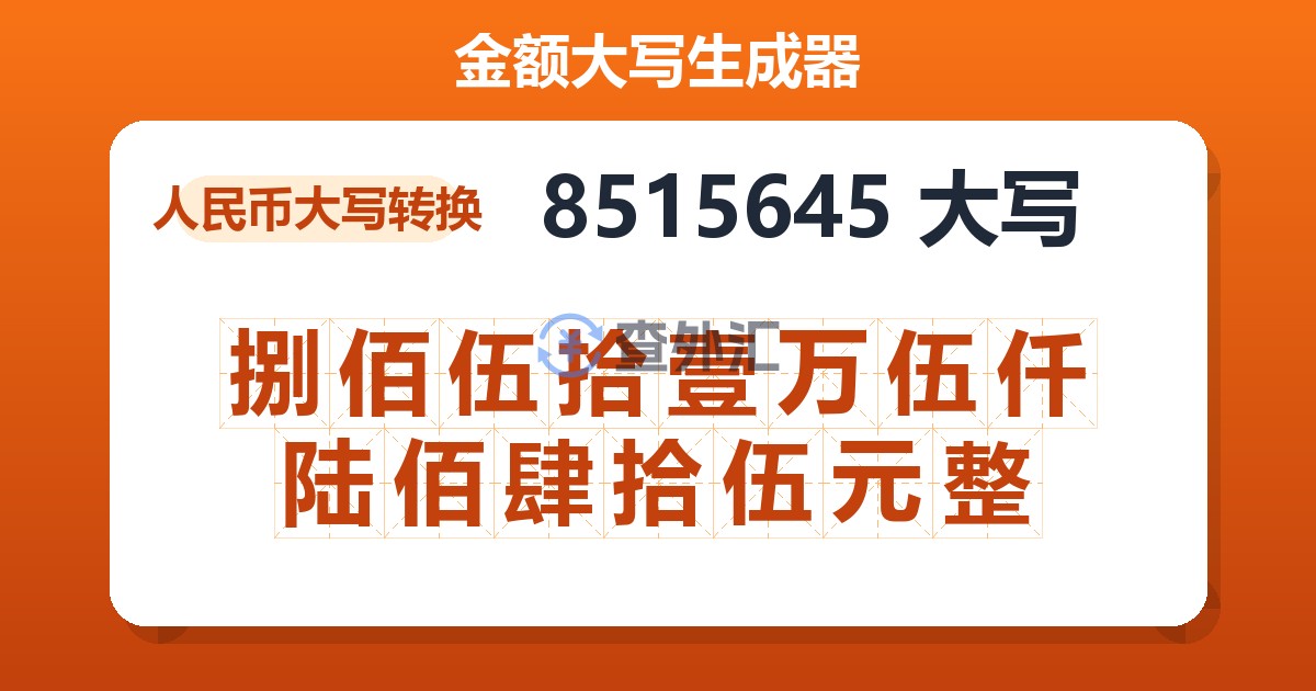 8515645大写 捌佰伍拾壹万伍仟陆佰肆拾伍元整