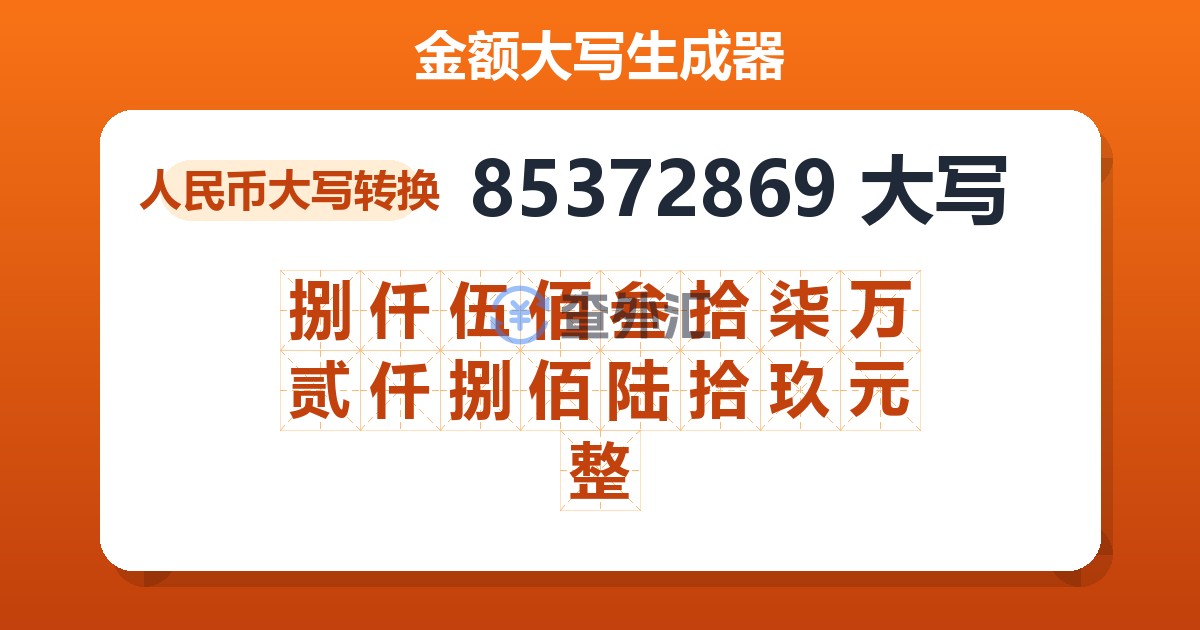 85372869大写 捌仟伍佰叁拾柒万贰仟捌佰陆拾玖元整