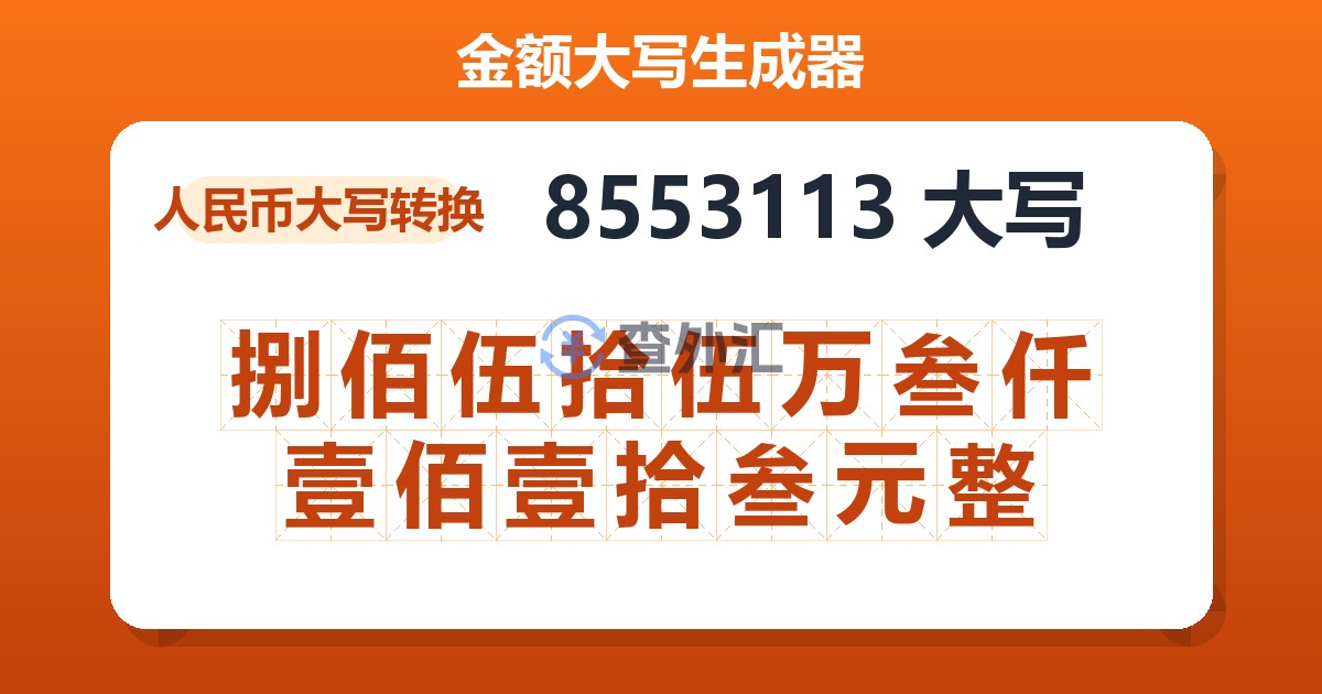 8553113大写 捌佰伍拾伍万叁仟壹佰壹拾叁元整