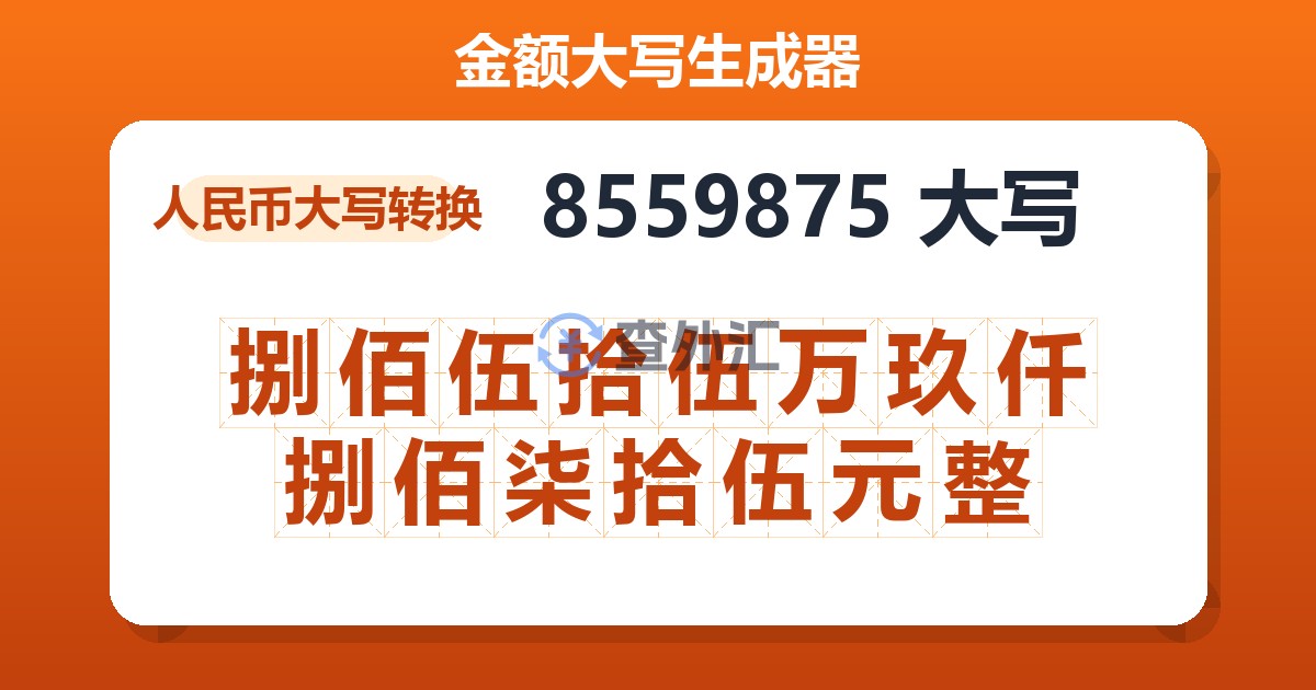 8559875大写 捌佰伍拾伍万玖仟捌佰柒拾伍元整