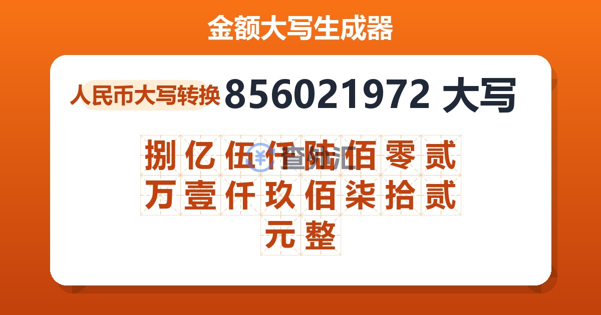 856021972大写 捌亿伍仟陆佰零贰万壹仟玖佰柒拾贰元整