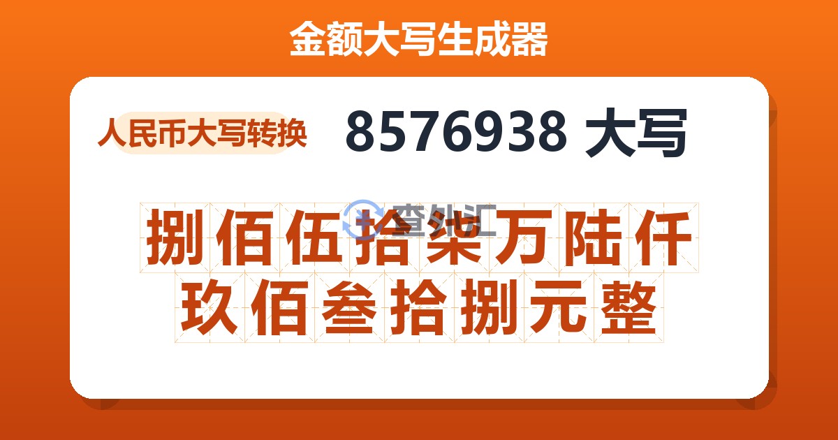 8576938大写 捌佰伍拾柒万陆仟玖佰叁拾捌元整