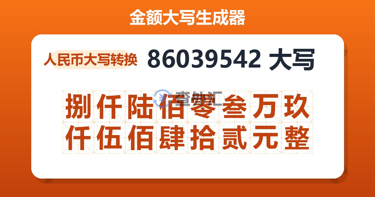 86039542大写 捌仟陆佰零叁万玖仟伍佰肆拾贰元整