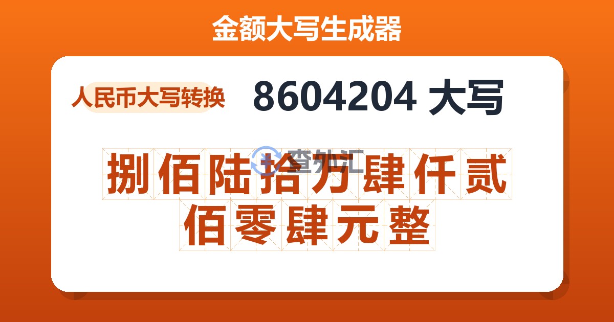 8604204大写 捌佰陆拾万肆仟贰佰零肆元整