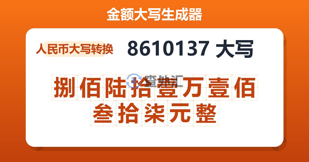 8610137大写 捌佰陆拾壹万壹佰叁拾柒元整