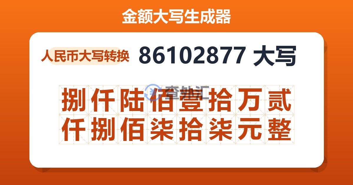 86102877大写 捌仟陆佰壹拾万贰仟捌佰柒拾柒元整