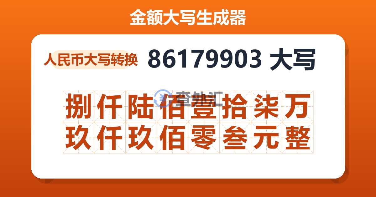 86179903大写 捌仟陆佰壹拾柒万玖仟玖佰零叁元整