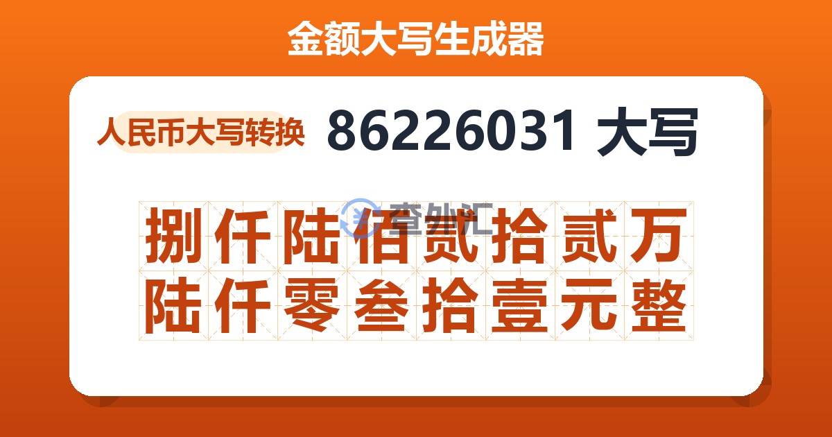 86226031大写 捌仟陆佰贰拾贰万陆仟零叁拾壹元整
