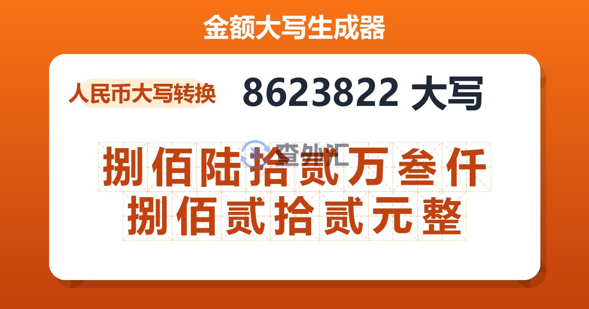 8623822大写 捌佰陆拾贰万叁仟捌佰贰拾贰元整