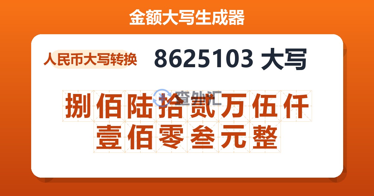 8625103大写 捌佰陆拾贰万伍仟壹佰零叁元整