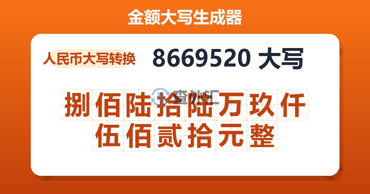 8669520大写 捌佰陆拾陆万玖仟伍佰贰拾元整
